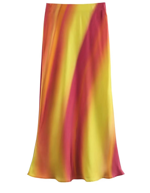 New Fashion Elegant Outfit Cowl Neck Sleeveless Draped Top And Midi Print Satin Skirt Set CODE: KAR3596
