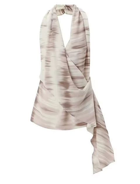 New Summer Fashion Tie-Dye Sexy Backless Hanging Neck Top + Tie Elastic Wide Leg Pant Asymmetric Two Piece Set CODE: KAR3601