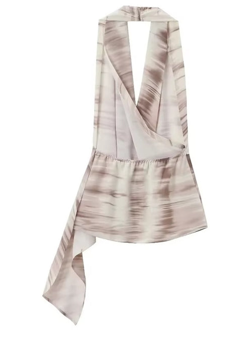 New Summer Fashion Tie-Dye Sexy Backless Hanging Neck Top + Tie Elastic Wide Leg Pant Asymmetric Two Piece Set CODE: KAR3601