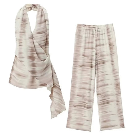 New Summer Fashion Tie-Dye Sexy Backless Hanging Neck Top + Tie Elastic Wide Leg Pant Asymmetric Two Piece Set CODE: KAR3601