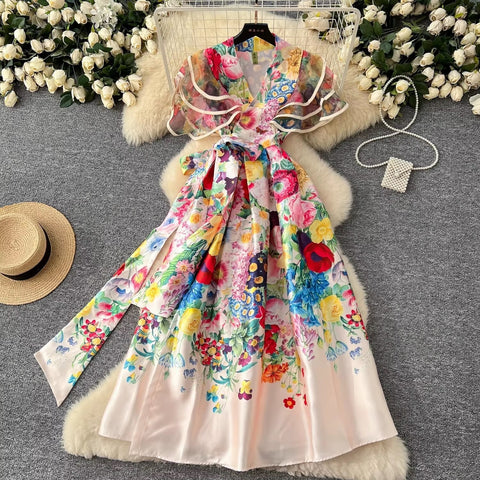 New Fashion Summer Floral Ruffles Sleeve Lace Up Bow Belt Printed Long Maxi Dress CODE: KAR3608