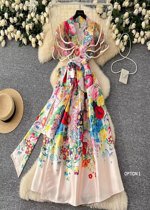 New Fashion Summer Floral Ruffles Sleeve Lace Up Bow Belt Printed Long Maxi Dress CODE: KAR3608