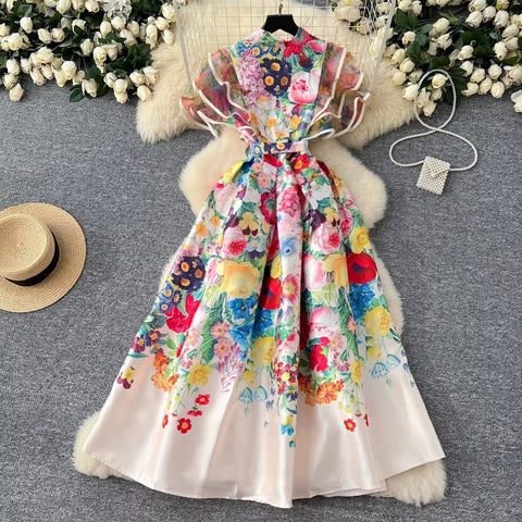 New Fashion Summer Floral Ruffles Sleeve Lace Up Bow Belt Printed Long Maxi Dress CODE: KAR3608