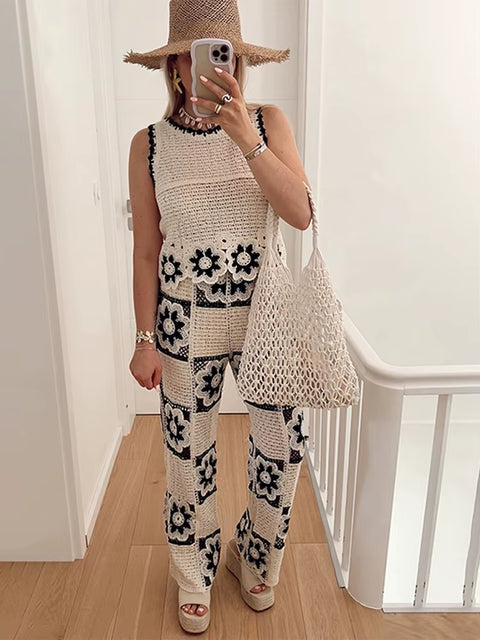 Summer Crochet Flower Hollow Out Sleeveless Top High Waist Straight Leg Pant Set CODE: KAR3622