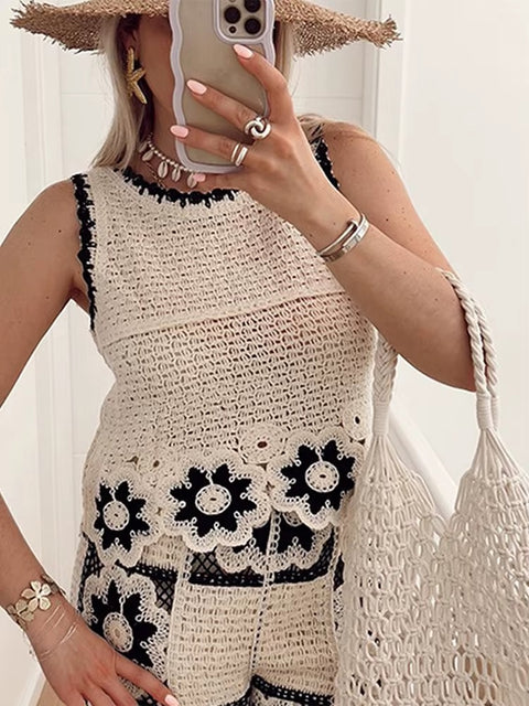 Summer Crochet Flower Hollow Out Sleeveless Top High Waist Straight Leg Pant Set CODE: KAR3622