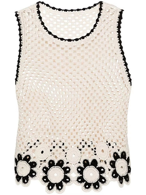 Summer Crochet Flower Hollow Out Sleeveless Top High Waist Straight Leg Pant Set CODE: KAR3622