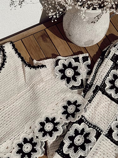 Summer Crochet Flower Hollow Out Sleeveless Top High Waist Straight Leg Pant Set CODE: KAR3622