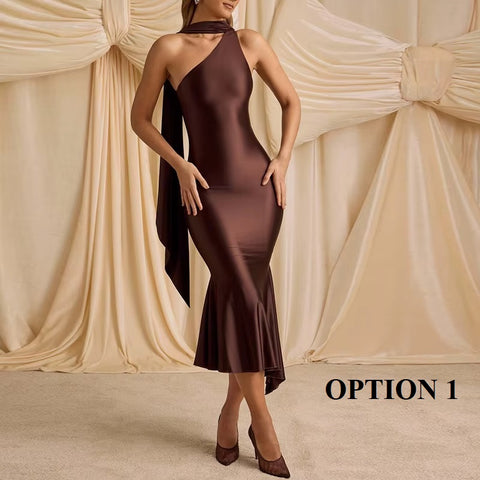 Sexy Skew Collar Hollow Slim Fit Ruffle One-shoulder Backless Irregular Mermaid Dress CODE: KAR3633