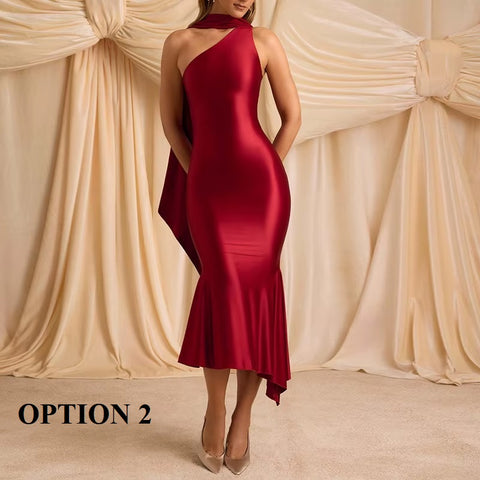 Sexy Skew Collar Hollow Slim Fit Ruffle One-shoulder Backless Irregular Mermaid Dress CODE: KAR3633