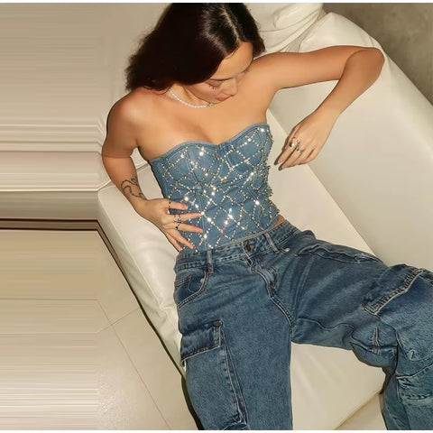 New Fashion Sequins Strapless Slim Glitter Sleeveless Casual Street Versatile Short Top CODE: KAR3636