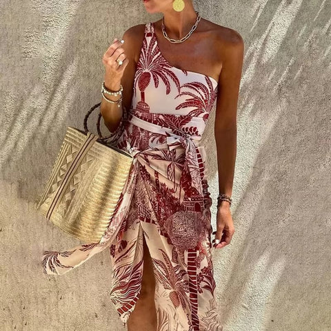 New Single Shoulder Strap Coconut Tree Print One-piece Swimsuit Set CODE: KAR3640