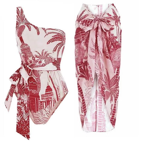 New Single Shoulder Strap Coconut Tree Print One-piece Swimsuit Set CODE: KAR3640