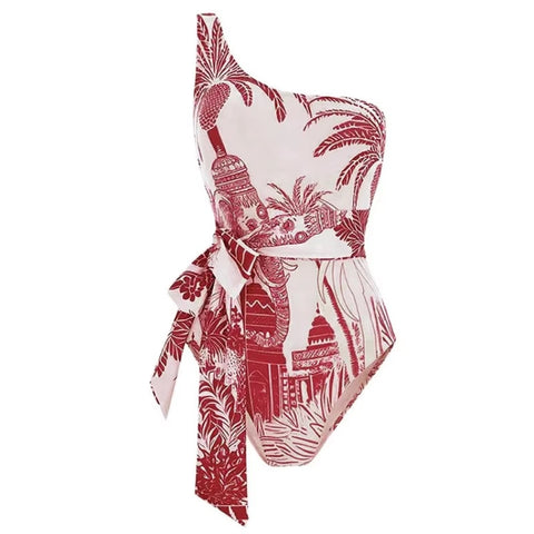 New Single Shoulder Strap Coconut Tree Print One-piece Swimsuit Set CODE: KAR3640