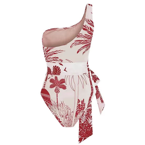 New Single Shoulder Strap Coconut Tree Print One-piece Swimsuit Set CODE: KAR3640