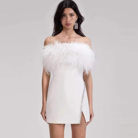 New Fashion Sexy Strapless Feather Crystal Patchwork Sleeveless Bandage Party Club Bodycon Slit Mini Dress CODE: KAR3644