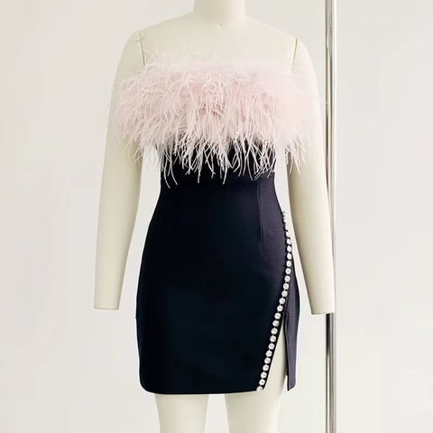New Fashion Sexy Strapless Feather Crystal Patchwork Sleeveless Bandage Party Club Bodycon Slit Mini Dress CODE: KAR3644