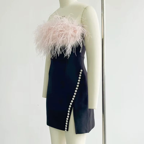 New Fashion Sexy Strapless Feather Crystal Patchwork Sleeveless Bandage Party Club Bodycon Slit Mini Dress CODE: KAR3644