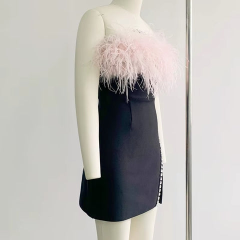 New Fashion Sexy Strapless Feather Crystal Patchwork Sleeveless Bandage Party Club Bodycon Slit Mini Dress CODE: KAR3644