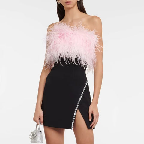 New Fashion Sexy Strapless Feather Crystal Patchwork Sleeveless Bandage Party Club Bodycon Slit Mini Dress CODE: KAR3644