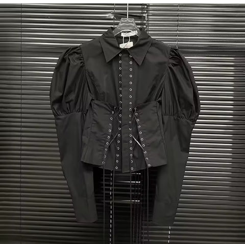 New Arrival Spring Simple Elegant Bandage Puff Sleeve Retro All Match Ladies Top CODE: KAR3648