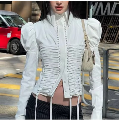 New Arrival Spring Simple Elegant Bandage Puff Sleeve Retro All Match Ladies Top CODE: KAR3648