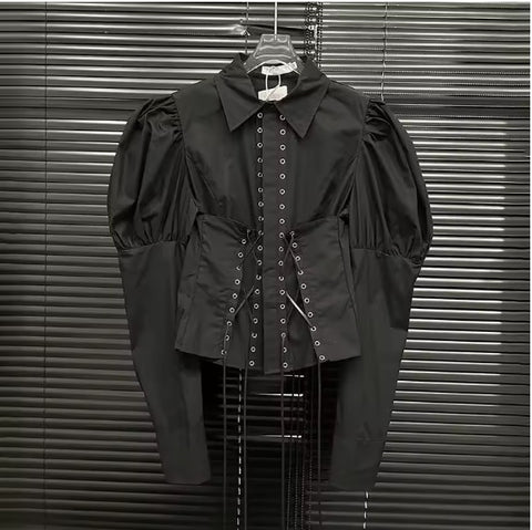 New Arrival Spring Simple Elegant Bandage Puff Sleeve Retro All Match Ladies Top CODE: KAR3648