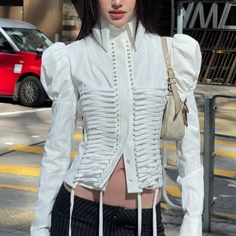 New Arrival Spring Simple Elegant Bandage Puff Sleeve Retro All Match Ladies Top CODE: KAR3648