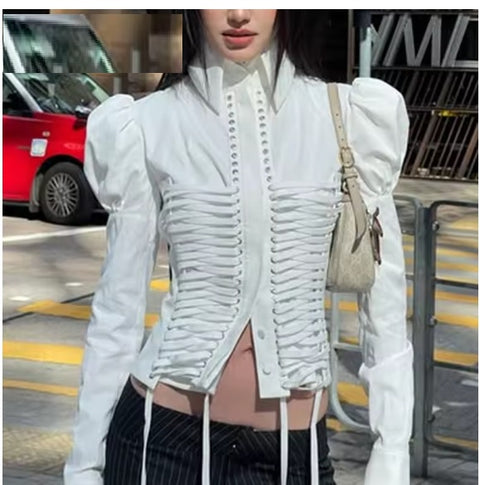 New Arrival Spring Simple Elegant Bandage Puff Sleeve Retro All Match Ladies Top CODE: KAR3648