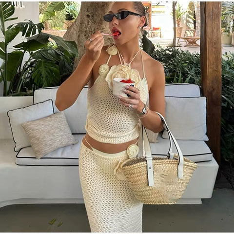 New Chic 3d Flowers Sleeveless Halter Top Sexy Hollow Out See Through Slim Skirt Set CODE: KAR3655
