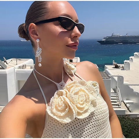 New Chic 3d Flowers Sleeveless Halter Top Sexy Hollow Out See Through Slim Skirt Set CODE: KAR3655