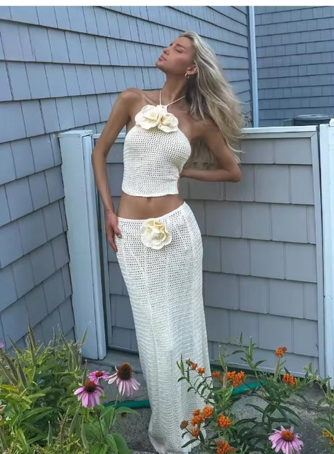 New Chic 3d Flowers Sleeveless Halter Top Sexy Hollow Out See Through Slim Skirt Set CODE: KAR3655