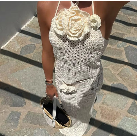 New Chic 3d Flowers Sleeveless Halter Top Sexy Hollow Out See Through Slim Skirt Set CODE: KAR3655