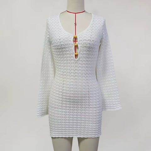 Summer Sexy Crochet V-Neck Long Sleeve Mini Dress CODE: KAR3656