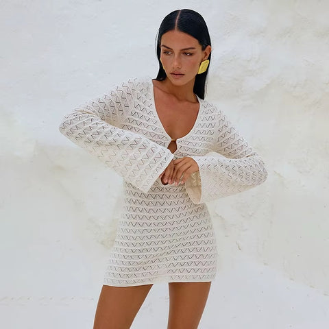 Summer Sexy Crochet V-Neck Long Sleeve Mini Dress CODE: KAR3656