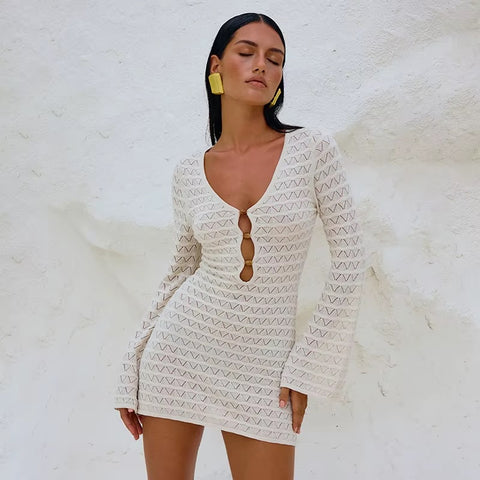 Summer Sexy Crochet V-Neck Long Sleeve Mini Dress CODE: KAR3656