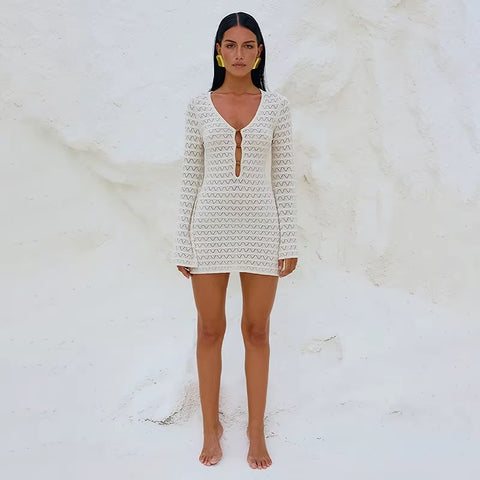 Summer Sexy Crochet V-Neck Long Sleeve Mini Dress CODE: KAR3656