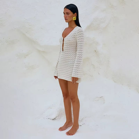 Summer Sexy Crochet V-Neck Long Sleeve Mini Dress CODE: KAR3656