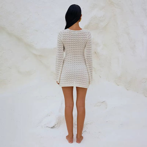 Summer Sexy Crochet V-Neck Long Sleeve Mini Dress CODE: KAR3656