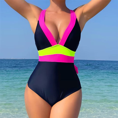 New Splicing V Neck Cross Back High Cut Leg Padded Bather Bathing One Piece Swimsuit CODE: KAR3659