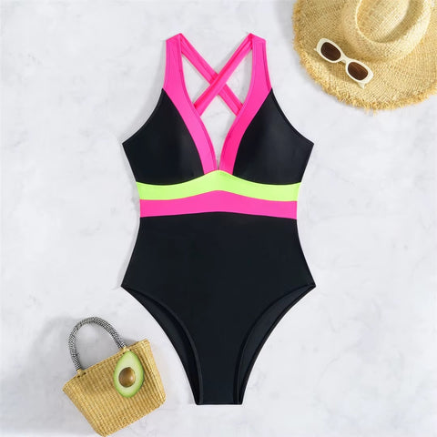 New Splicing V Neck Cross Back High Cut Leg Padded Bather Bathing One Piece Swimsuit CODE: KAR3659