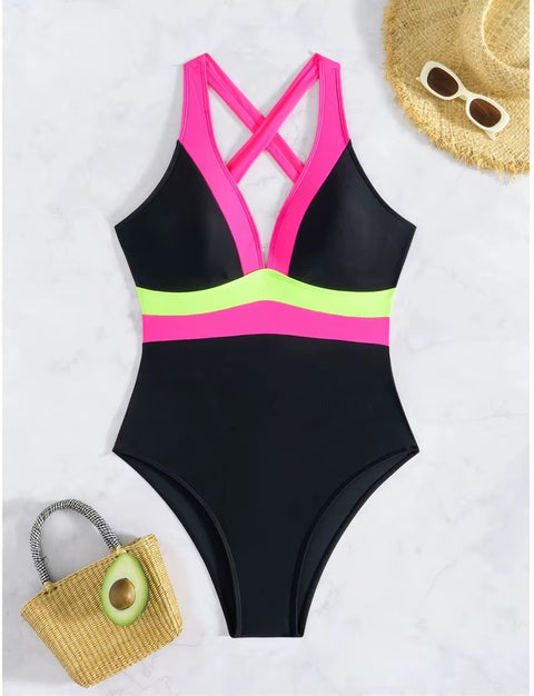 New Splicing V Neck Cross Back High Cut Leg Padded Bather Bathing One Piece Swimsuit CODE: KAR3659