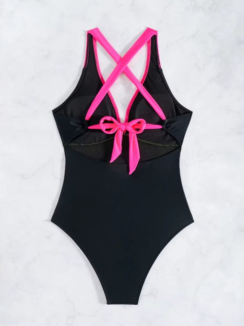 New Splicing V Neck Cross Back High Cut Leg Padded Bather Bathing One Piece Swimsuit CODE: KAR3659