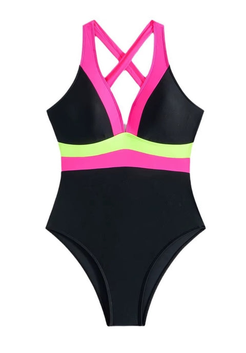 New Splicing V Neck Cross Back High Cut Leg Padded Bather Bathing One Piece Swimsuit CODE: KAR3659