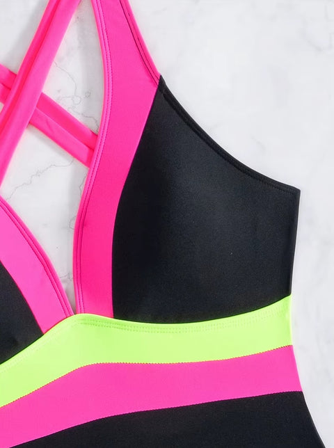 New Splicing V Neck Cross Back High Cut Leg Padded Bather Bathing One Piece Swimsuit CODE: KAR3659