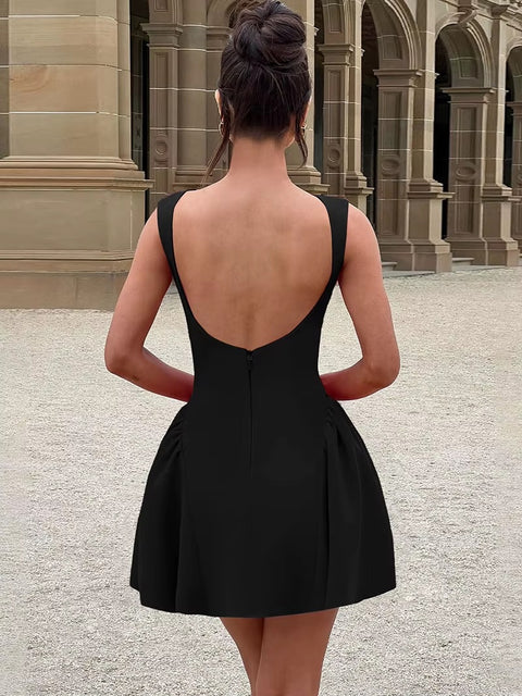 New Elegant Boat Neck Sleeveless High Waist A-line Backless Pleated Short Dress CODE: KAR3676