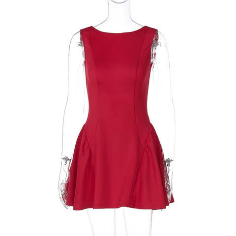 New Elegant Boat Neck Sleeveless High Waist A-line Backless Pleated Short Dress CODE: KAR3676