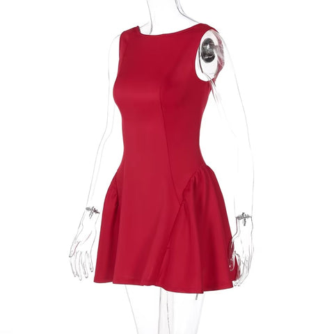 New Elegant Boat Neck Sleeveless High Waist A-line Backless Pleated Short Dress CODE: KAR3676