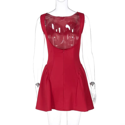 New Elegant Boat Neck Sleeveless High Waist A-line Backless Pleated Short Dress CODE: KAR3676