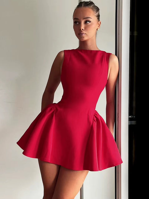 New Elegant Boat Neck Sleeveless High Waist A-line Backless Pleated Short Dress CODE: KAR3676