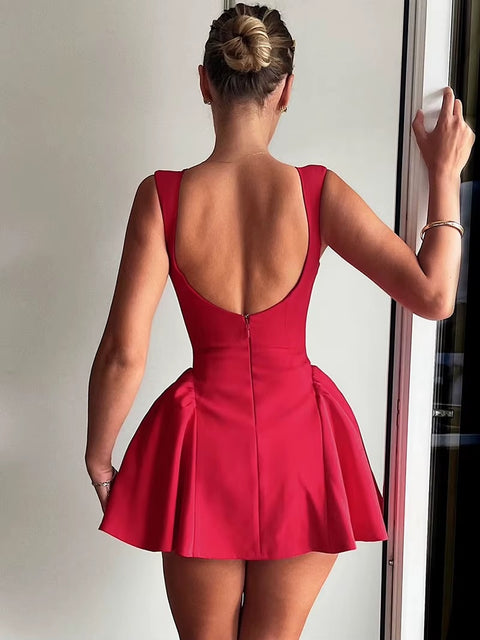 New Elegant Boat Neck Sleeveless High Waist A-line Backless Pleated Short Dress CODE: KAR3676